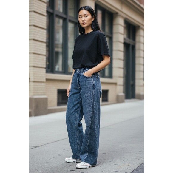 Rag & Bone Miramar Wide Leg Faux Pant Jeans Print Denim Blue Loose Women Small - Picture 1 of 16